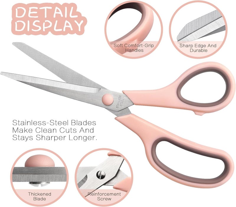 LONGKEY Scissors 8.5 Inch scissors all purpose Bulk Set of 3, Scissors for Office Home School Craft Supplies, Soft Comfort-Grip Right/Left Hand, Navy Blue, Pink, Brown - Image 3